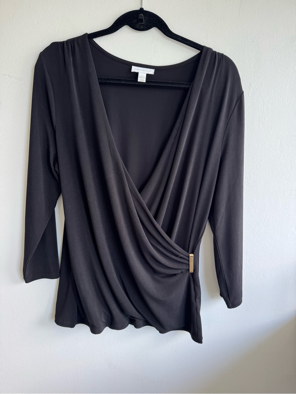 Charter Club Black Draped Surplice Long Sleeve Top